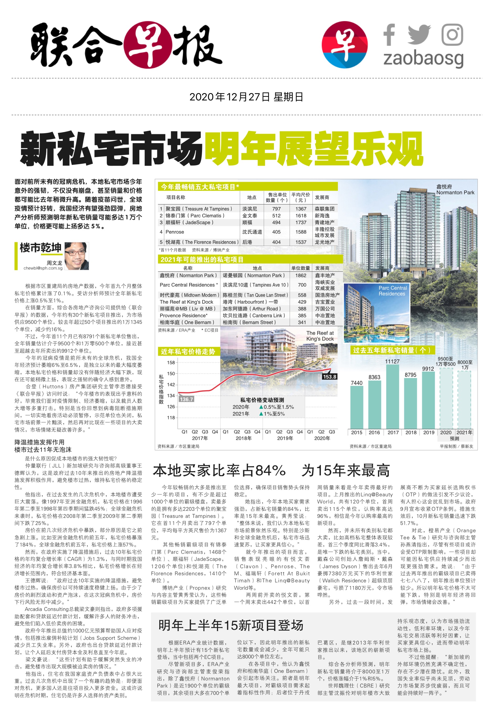 新加坡房价2020年4季度涨2.1% 创两年最大涨幅