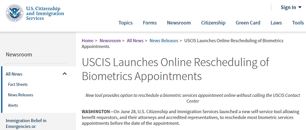 美国移民局推出自助工具：可网上重新预约生物信息识别